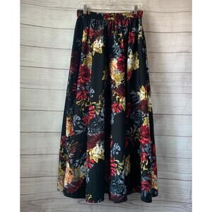 Mlle Gabrielle Long Black Floral Maxi Skirt with Elastic Waistband Size Medium